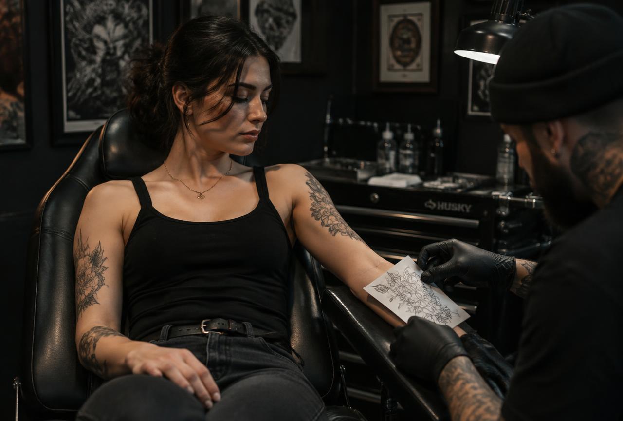 Artist and client reviewing a healing tattoo