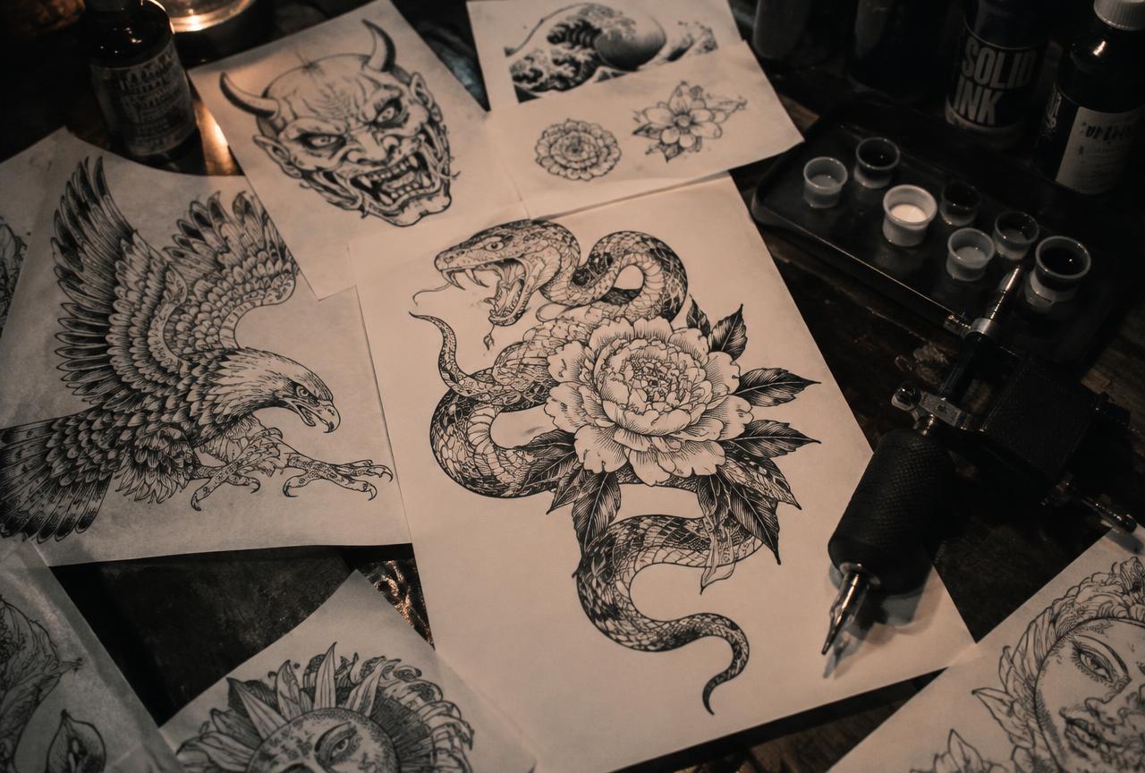 Tattoo reference sketches laid out in the studio